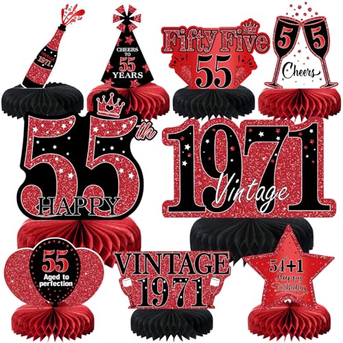 Image of 9Pcs 55th Birthday Decorations Red and Black 55th Birthday Party Decorations for Women,Happy 55 Years Vintage 1971 Aged Honeycomb Centerpieces Table Sign Decor Supplies