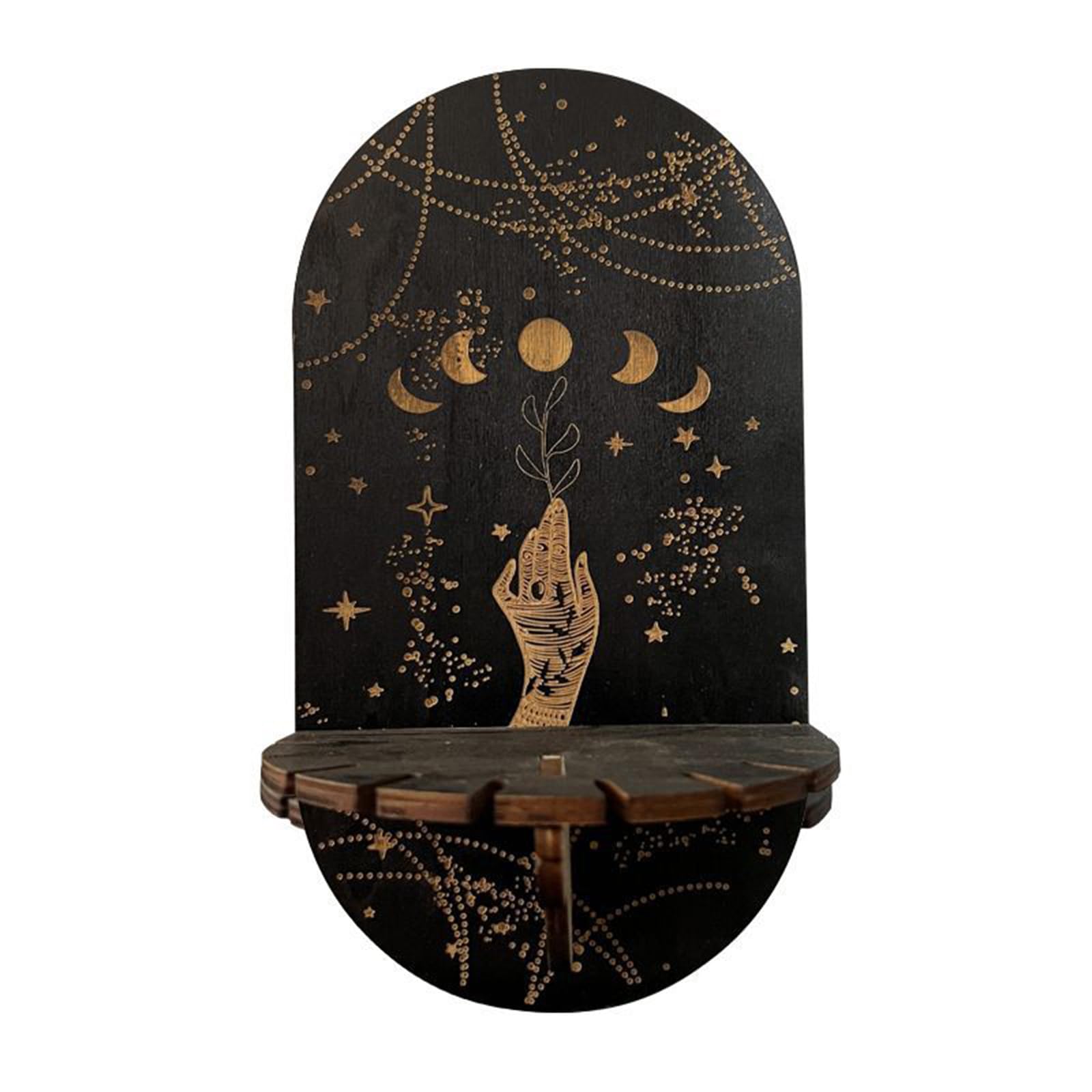 Étagère murale en bois forme de lune cristal style bohème avec fleurs papillons décoration huiles essentielles Noir