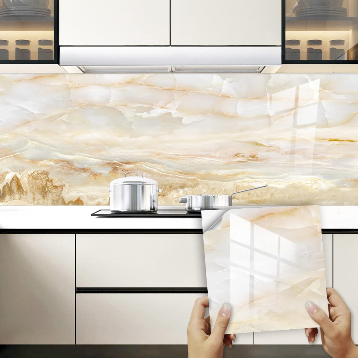 Carreaux résistants à l'huile et à l'eau en vinyle beige marbre pour murs abîmés