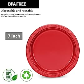 Hanna K. Signature Collection Red Plastic Plates 7 Inch - 600 count Solid Round Party For Weddings, BBQs, Birthday Disposable Dessert (84070 (case))