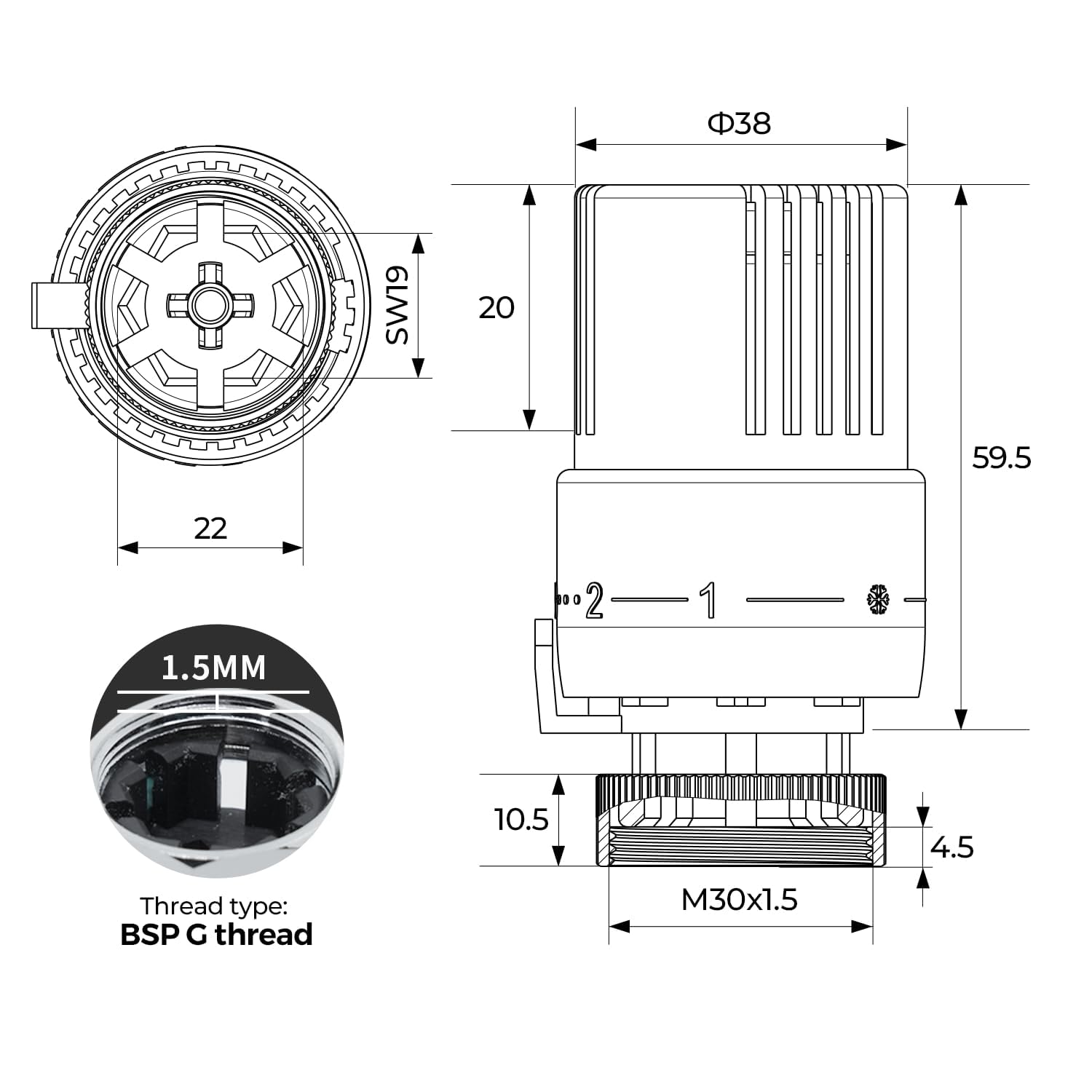 VANCOCO 4 szt. M30 × 1,5 mm głowica termostatu zawór grzejnikowy, termostat, zawór grzewczy, biały, czujnik cieczy z pozycją ochrony przed zamarzaniem