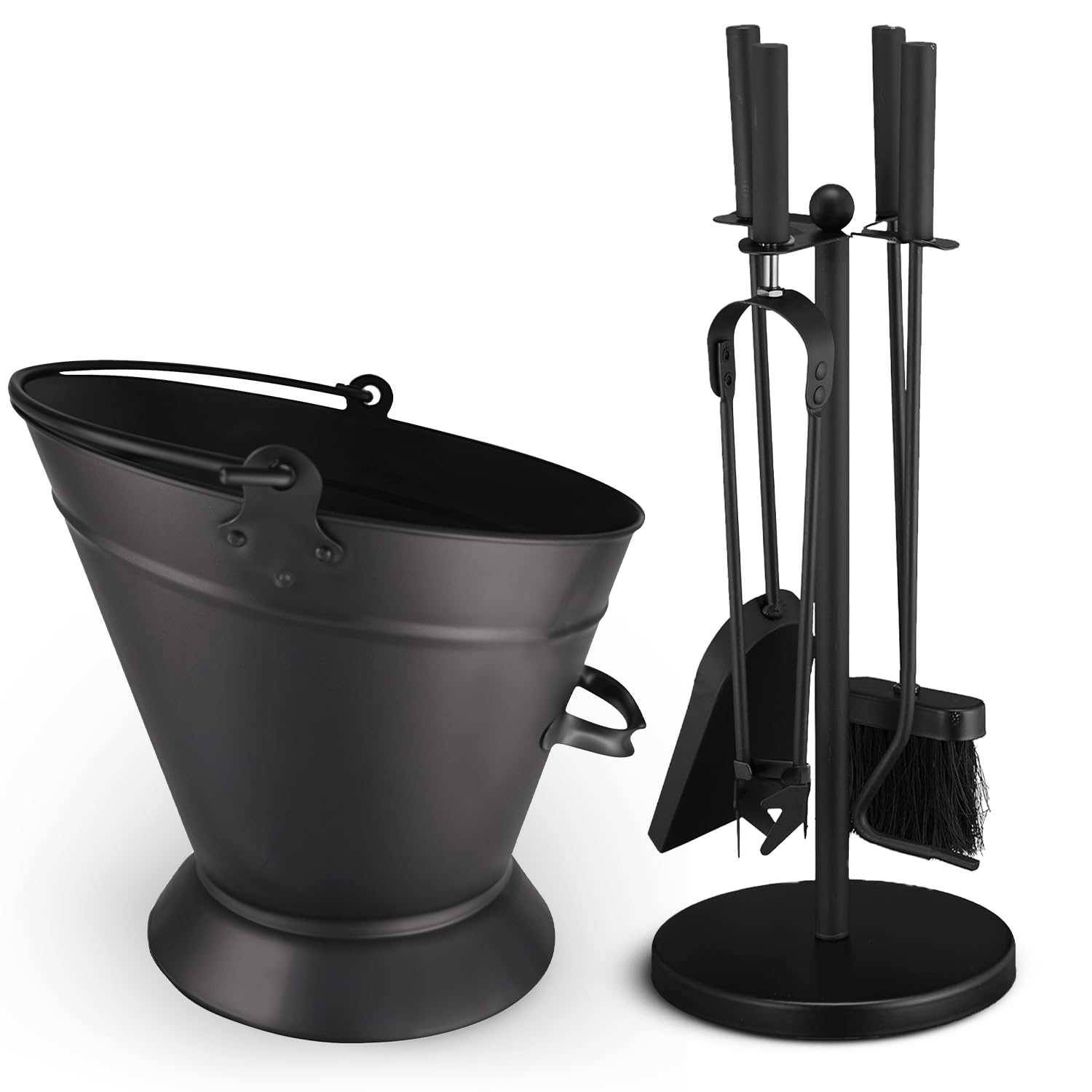 FB Funkybuys 5 Piece Fireside Companion Set for Log Burner, Traditional Black Heavy Duty Fire Poker Set for Wood Burners