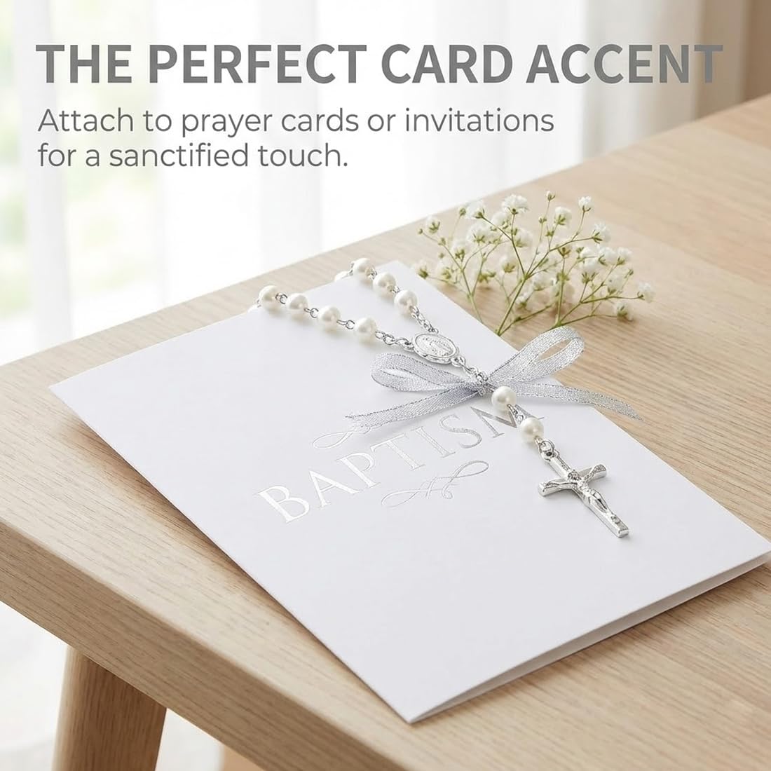 KAHZOR 5 Piezas Rosarios de Bautismo, Mini Rosarios de Dedo, Cuentas de Perlas de Imitación para Bautizo, Comunión, Boda, Fiesta y Recordatorios de Comunión, Detalles Comunión para Invitados (Plata) — view 4