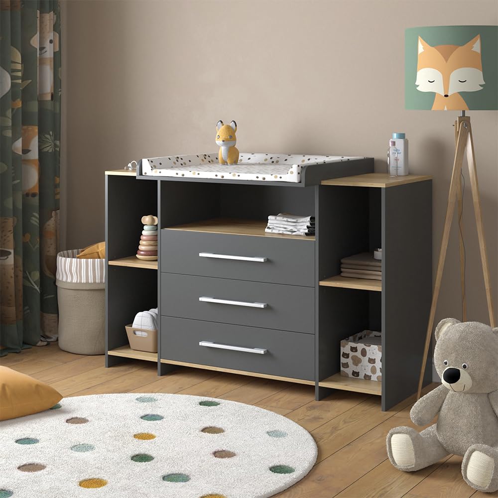 Vicco Commode à Langer Oskar, Anthracite/​chêne doré, 143.2x93cm avec 3 tiroirs, Convient comme Table à Langer avec Espace de Rangement Extensible