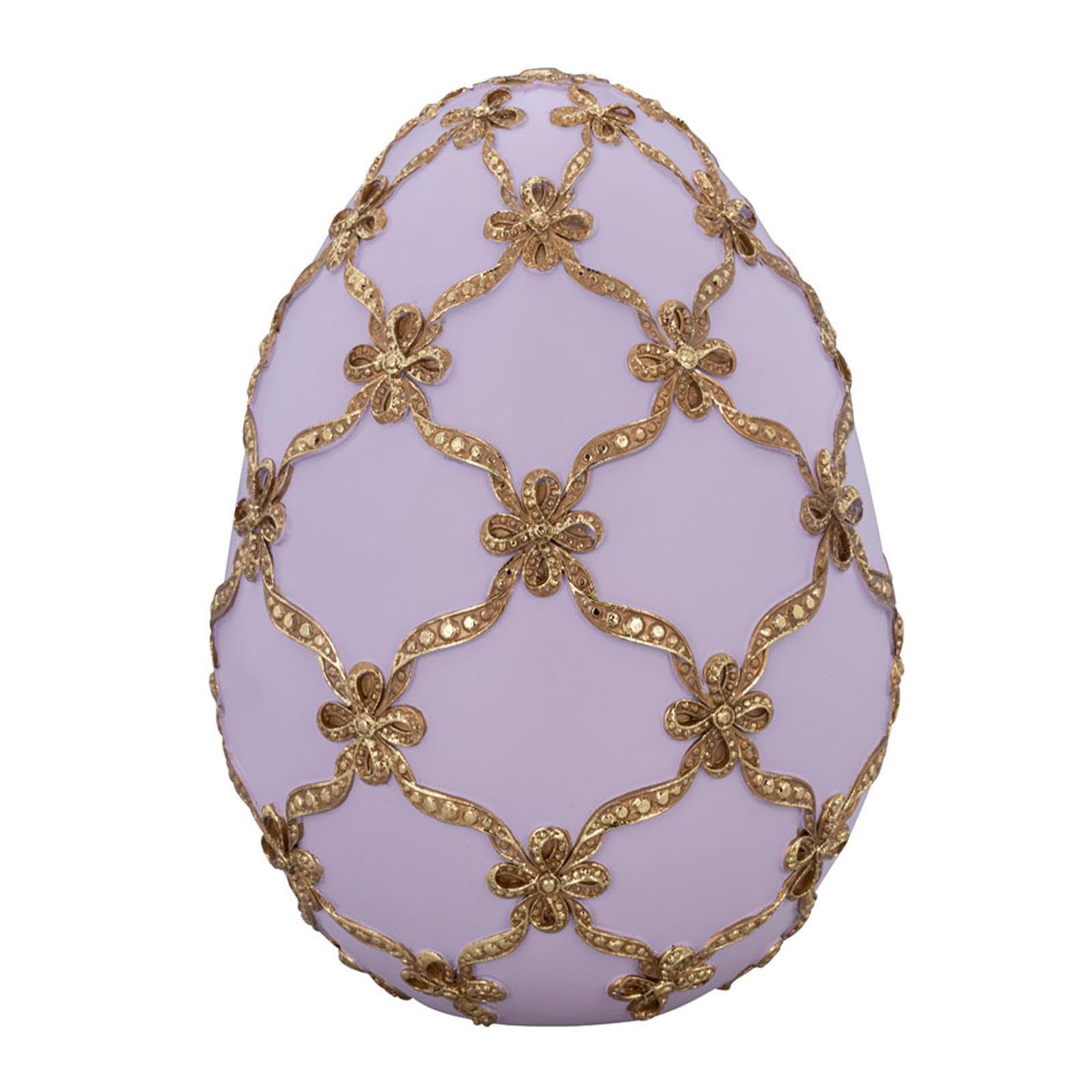 großes rosa Deko-Ei aus Kunststein Ø 17.5 - Polyresin Osterei mit Schleifen-Goldverzierung zum Aufstellen - 23 cm hohe XL Eierdeko als Oster oder Frühlings-Deko