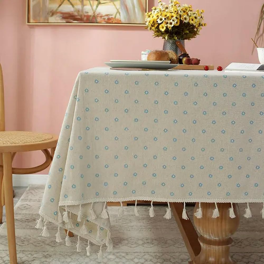 Mantel Rectangular de decoración de Lino y algodón de Porcelana Blanca y Retro Azul de Estilo Chino de 60~300cm con Borla Mantel para Mesa de té