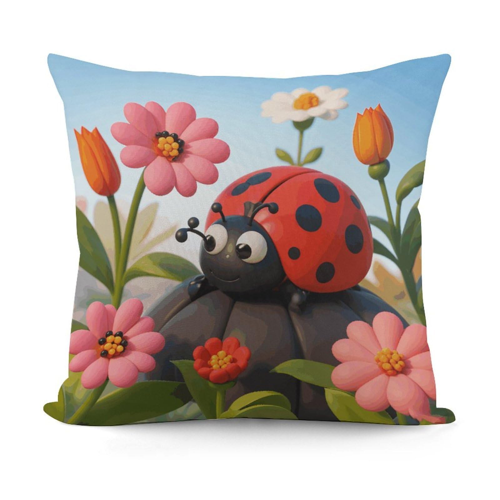 VstaDank Cartoon Ladybug Flower Throw Pillow Covers Fade-Resistant Removable Pillowcase Square Cushion Case Cozy Pillow Case Breathable Pillow Protector Soft Pillow Shams 18"x18"