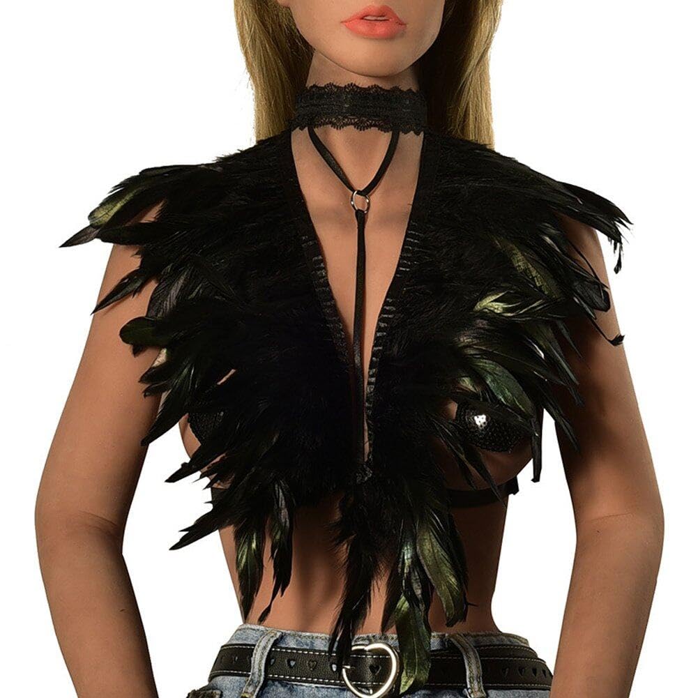 Imbracatura di Piume Nere Reggiseno di Piume Gotiche Imbracatura di Piume Punk Coprispalle di Piume Imbracatura Elastica di Piume Vuote Shaw