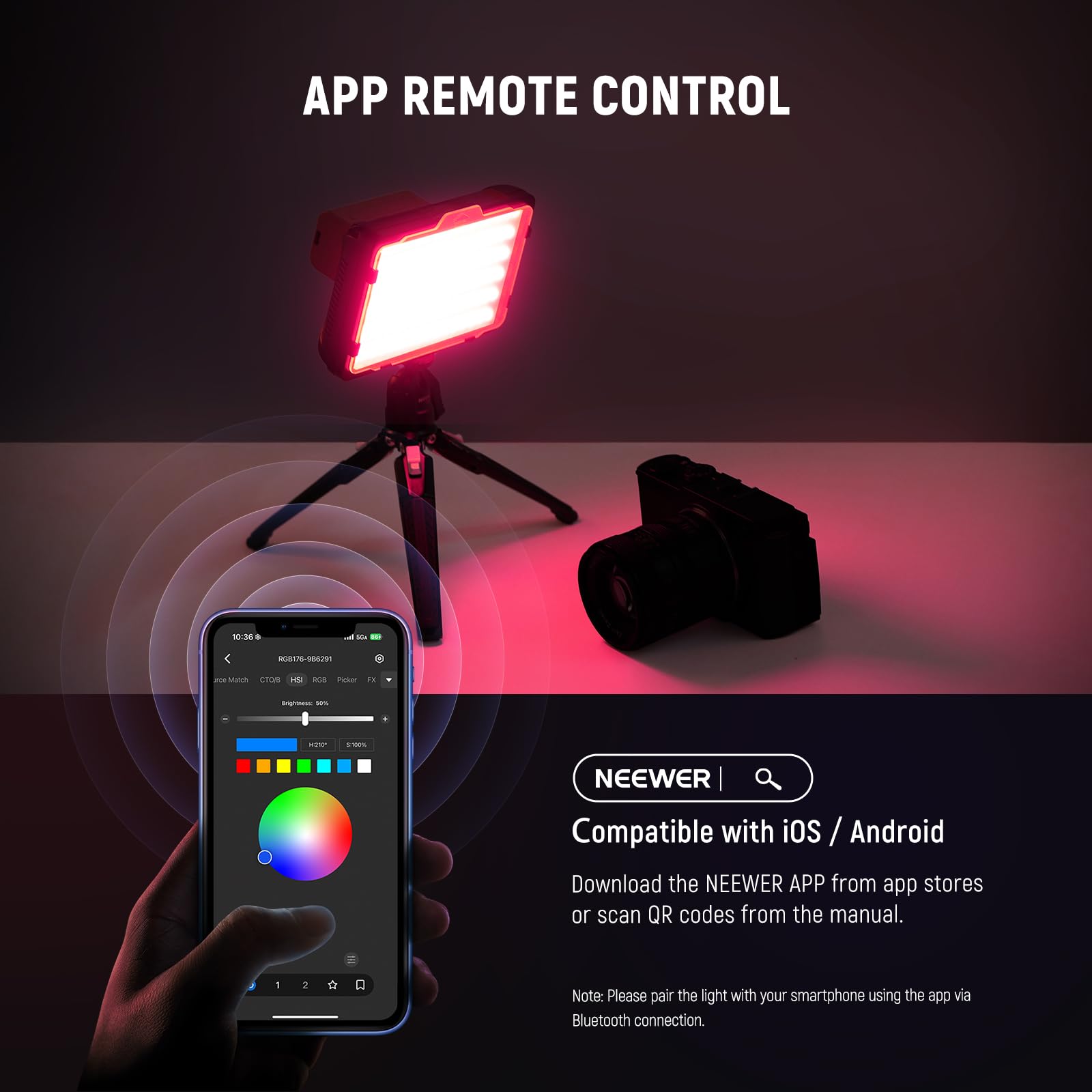 NEEWER Lampa wideo RGB z 4300 mAh NP-F750 zapasowa bateria, sterowanie aplikacją 360° kolorowy LED kamera kluczowe oświetlenie CRI95+ możliwość ściemniania do studyjnej lustrzanki cyfrowej, fotografii