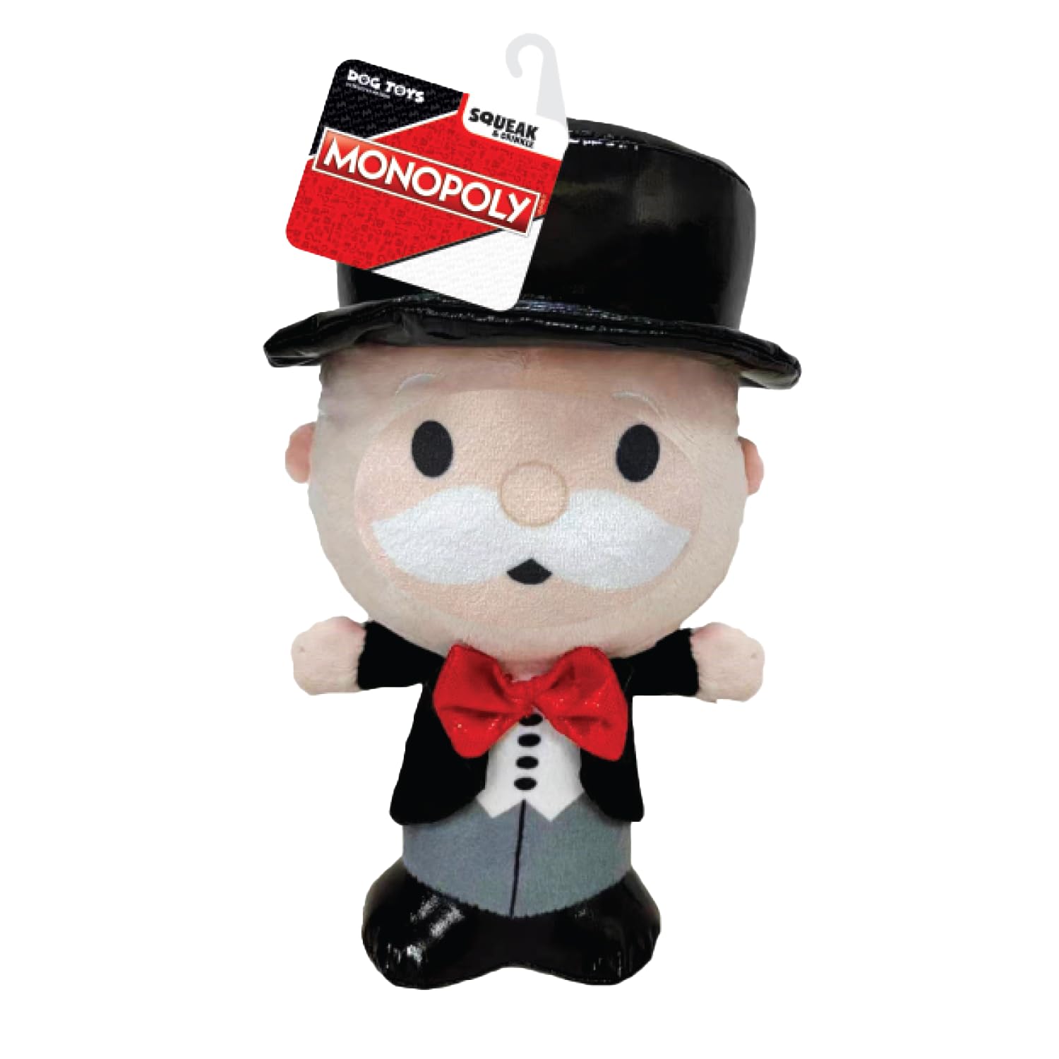 Hasbro Monopoly Mr. Moneybags Plush Dog Toy, 7-Inch Squeaker and Crinkle Toy for Dogs, Tan/Black