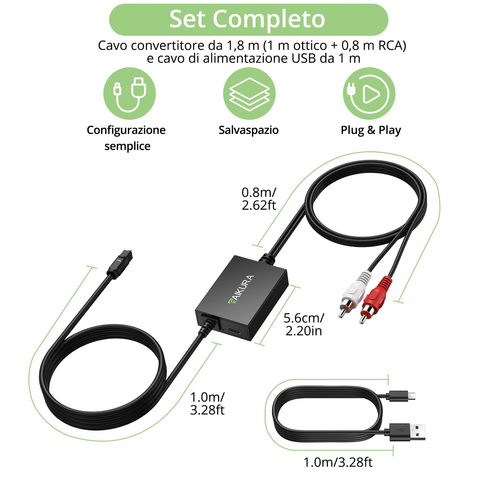 Convertitore Ottico a RCA 192kHz/24bit DAC Digitale-Analogico SPDIF per HDTV, DVD, Blu-Ray