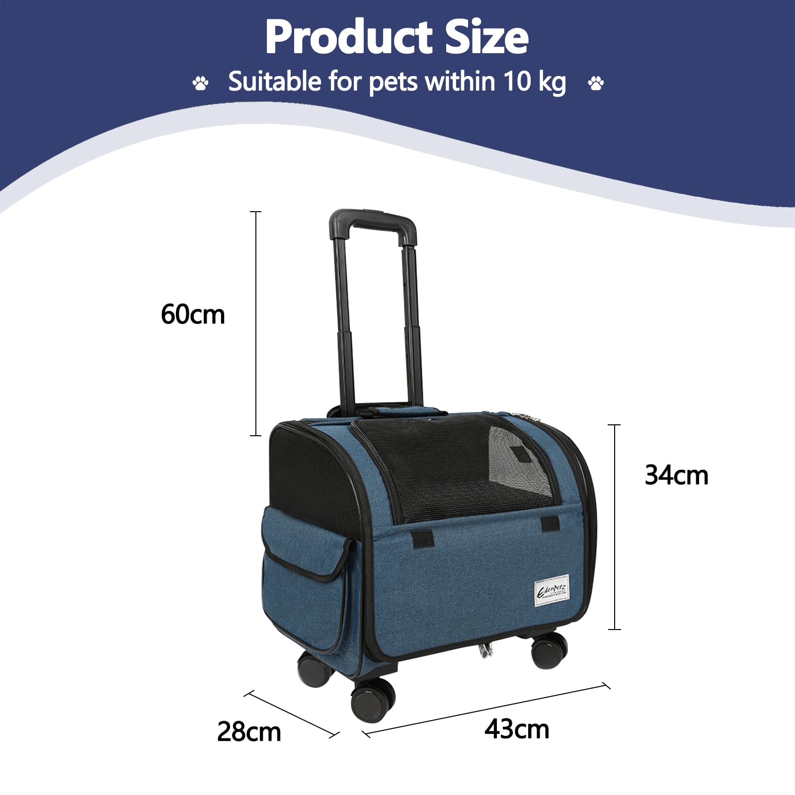 Galatée Bolsa De Viaje para Perros con Ruedas Extraíbles, Transportín para Mascotas Aprobado por Aerolíneas, Bolsa Plegable para Gatos con Malla Transpirable, Cochecito para Mascotas(Azul)