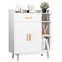 Vista 10 de Giantex Gabinete de Almacenamiento de Piso, Armario Independiente con 1 Cajón, 2 Puertas, 3 Estantes, 4 Patas de Madera de Caucho, Aparador, Unidad