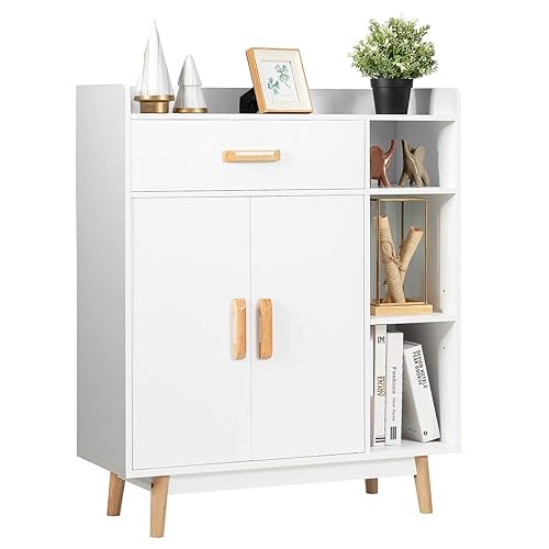 Giantex Gabinete de Almacenamiento de Piso, Armario Independiente con 1 Cajón, 2 Puertas, 3 Estantes, 4 Patas de Madera de Caucho, Aparador, Unidad