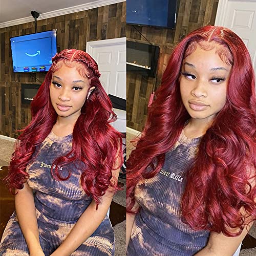 JYZ Hair Wavy Lace Front Wigs Human Hair 150% Density High Light #99J Burgundy Colored 13X4 HD Brazilin Virgin Hair Wigs for Black Women Human Hair Pre Plucked with Baby Hair Middle Part 24 Inch