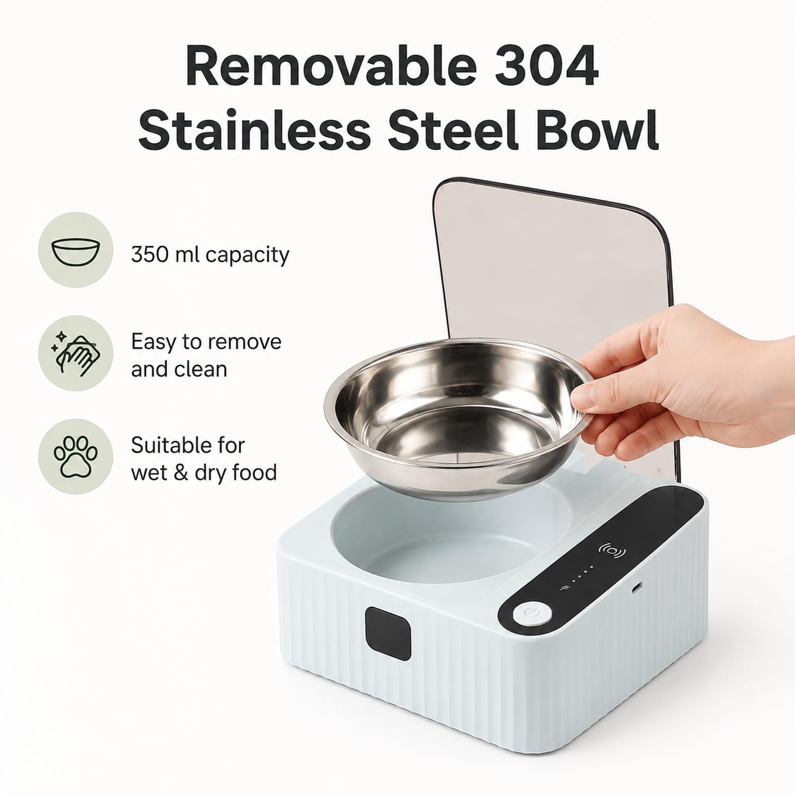 Automatischer Futternapf für Katzen, 350 ml Smart Cat Futternapf mit Infrarot-Sensor-Deckel, 2000 mAh wiederaufladbarer Futternapf für Haustiere mit abnehmbarem 304 Edelstahlnapf für Nass- und