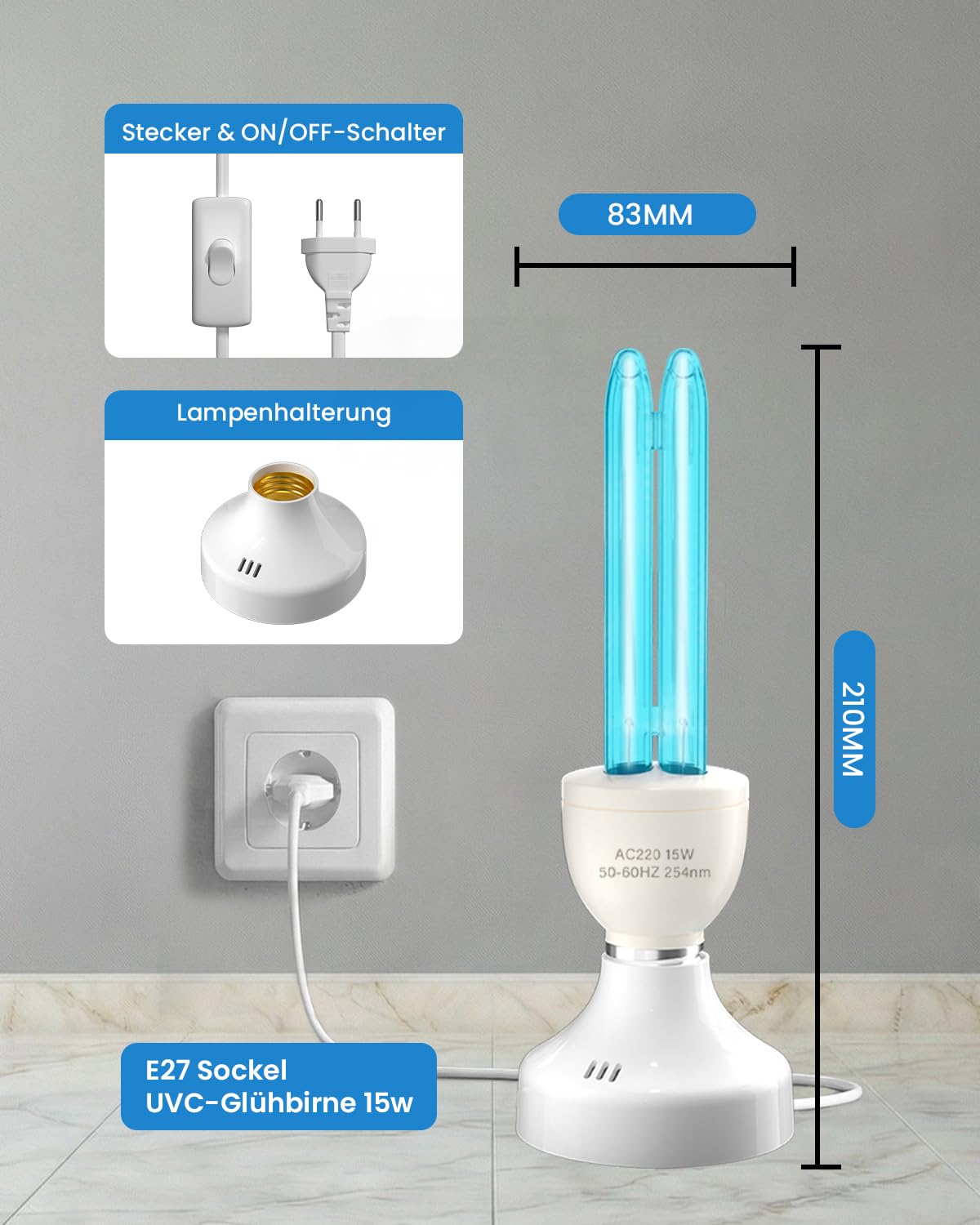 15W Lampe Desinfektion Ozon Licht mit Fernbedienung Timer Keimtötende Lampe Duale Sterilisation und Desinfektion AC220-240V Perfekt für Küche, Schlafzimmer, Wohnzimmer, Beseitigt Keime