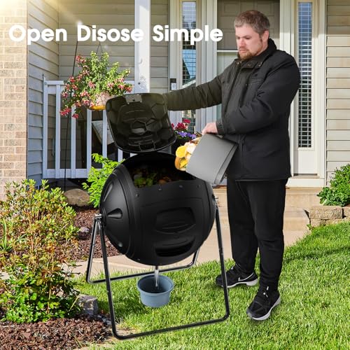 Image of 35 Gallon Tumbling Composter Bin, Heavy Duty Rotating Outdoor Garden Waste Container with Easy Drain Plug for Liquid Collection, Blue