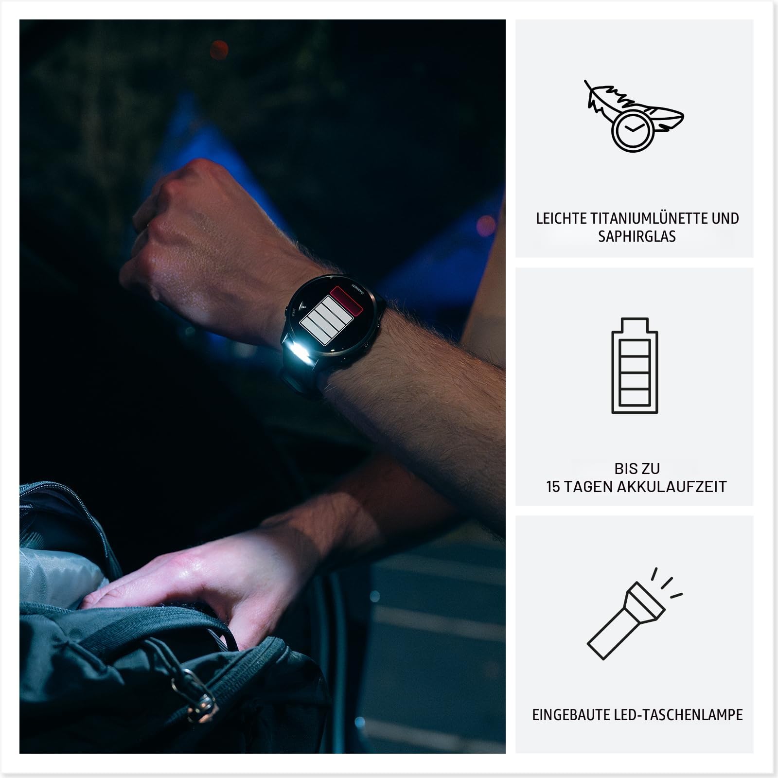 Garmin® Forerunner® 970 Premium GPS-Lauf- und Triathlon-Smartwatch, AMOLED-Display, integrierte LED-Taschenlampe, Carbongrau DLC Titan mit schwarzem Gehäuse und schwarz-durchscheinendem Weißstein-Band