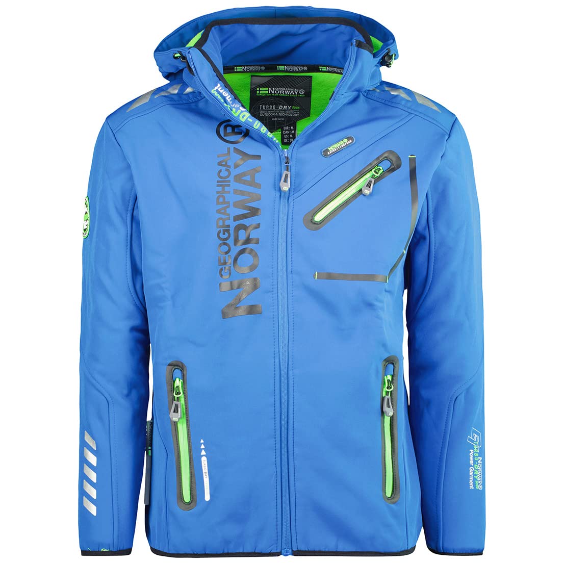 Geographical Norway Royaute Men Distribrands - Men's Waterproof Softshell Jacket - Breathable Outdoor Hooded Jacket - Tactical Winter Resistant Windbreaker (Royal_blue_Green M)