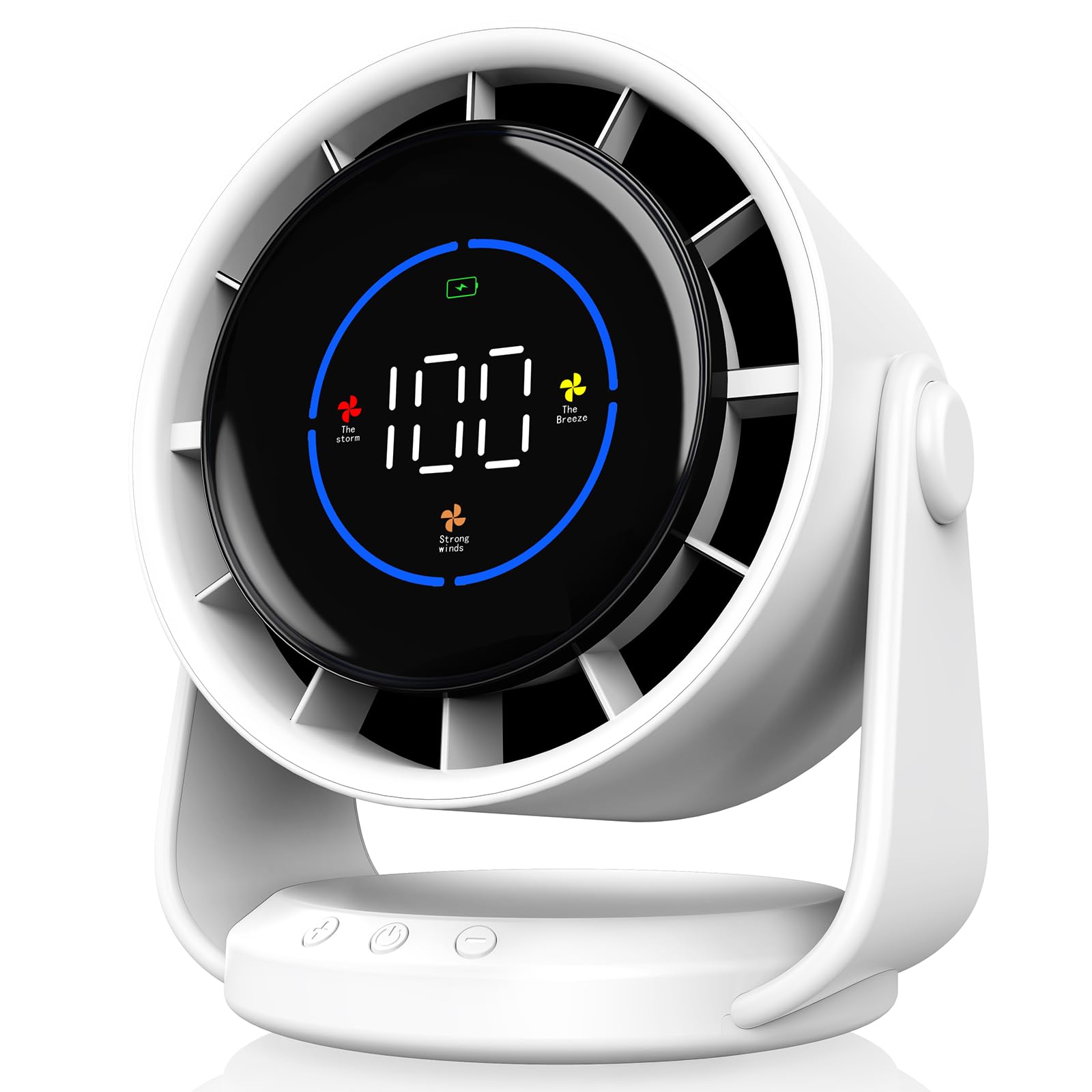 YOSHENMO Desk Fan, Turbo Table Fan for Bedroom, 100-Speed Digital Display, Low Noise, 105° Adjustable Tilt, 7.5-inch, Rechargeable Battery, Wall-Mouted Design for Home, Office, Travel Dark White