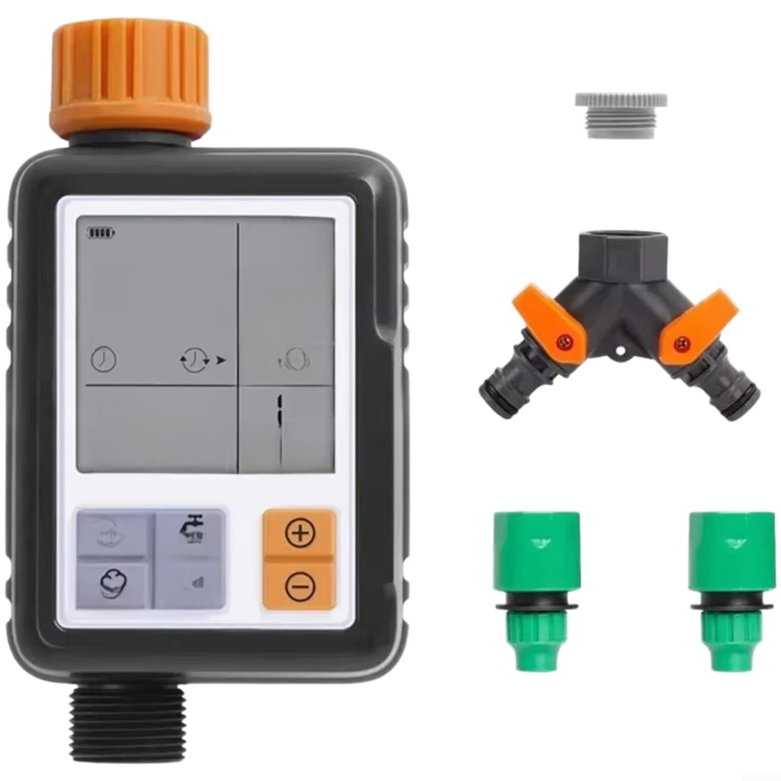 Temporizador de riego digital automático para jardín, sistema de agua de doble salida con IPX5, resistente al agua, ajustable de 1 seg a 300 min, conector de 3/4 pulgadas, color negro