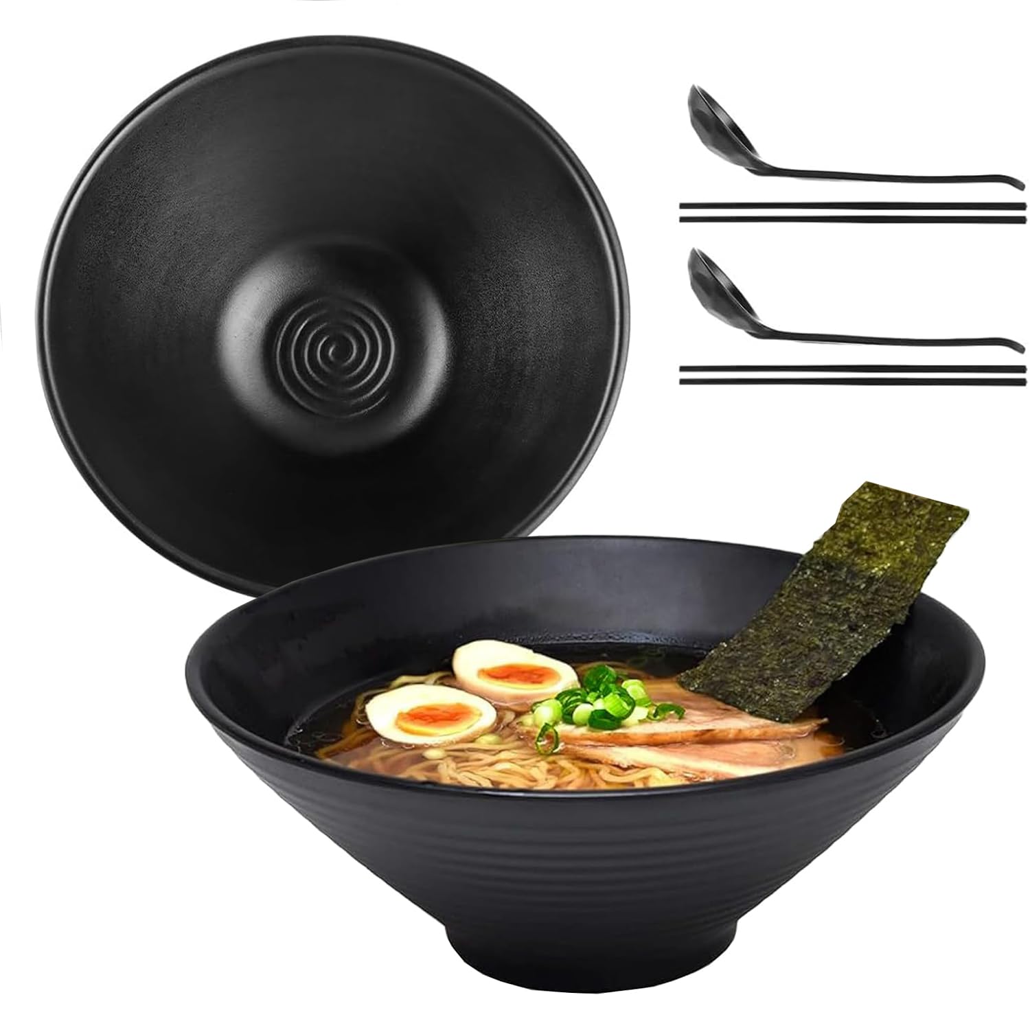 Zestaw 2 dużych japońskich misek ramenowych z pałeczkami i łyżką 1000 ml, miski na makaron i ramen z melaminy, zestaw ceramicznych misek ramenowych do Udon, sałatki, zupy Pho (1000 ml)