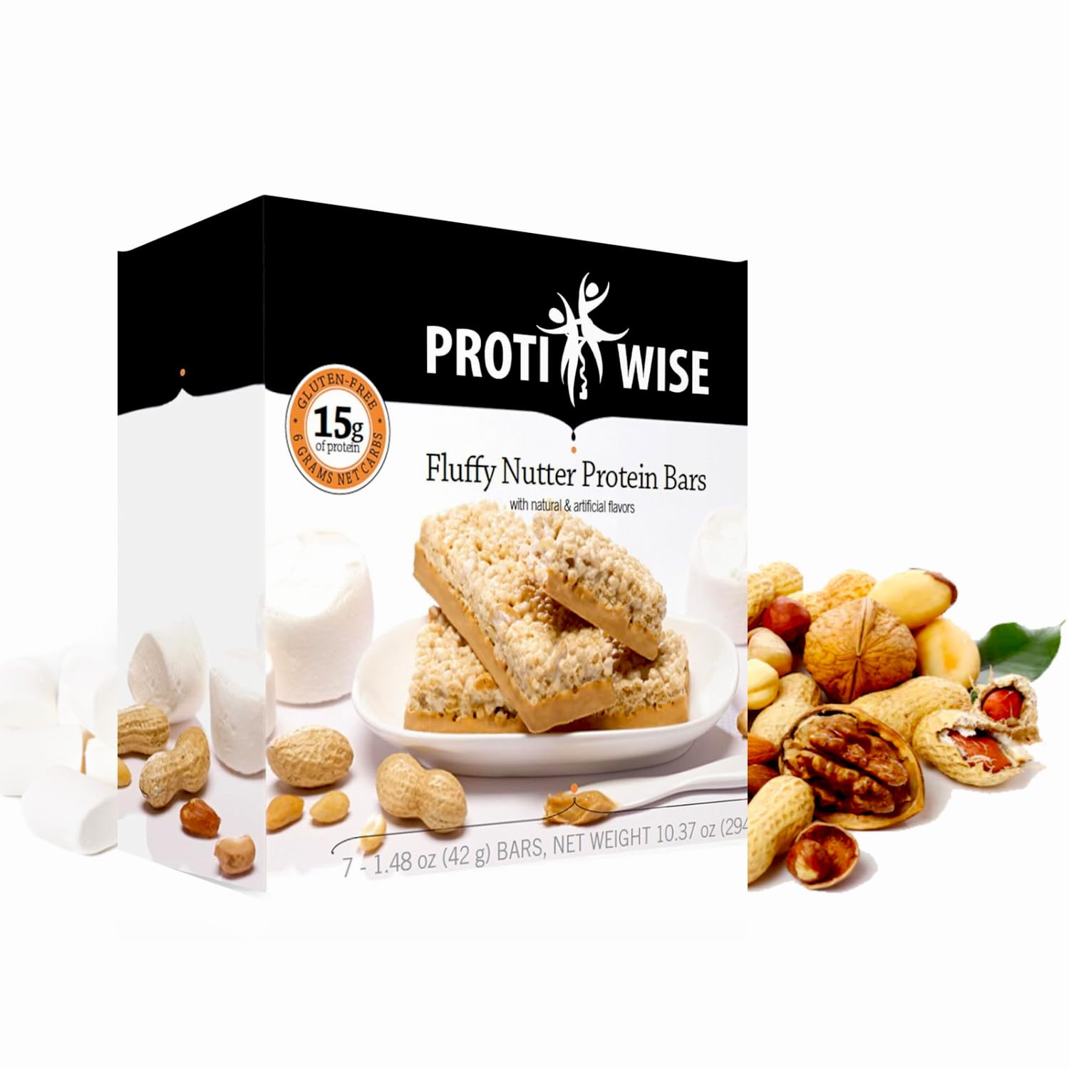 Barrita nutricional alta en proteínas Protiwise | Fluffy Nutter | Barrita de proteína de 15 g | Barrita sustitutiva de comida | Sin gluten, baja en grasas y azúcares, apta para dietas keto | Satisface tus antojos y adelgaza (5/caja)