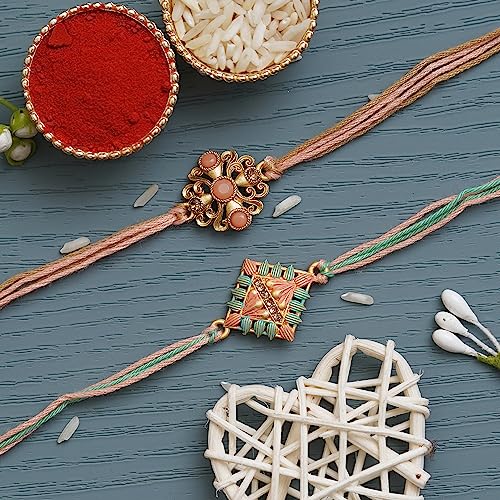Image of eCraftIndia Set of 2 Peach, Green & Golden Pearls, Designer Rakhis, Best Bro Ever Fridge Magnet with Roli Chawal Pack - Rakhi for Brother, Bhaiya, Bhai