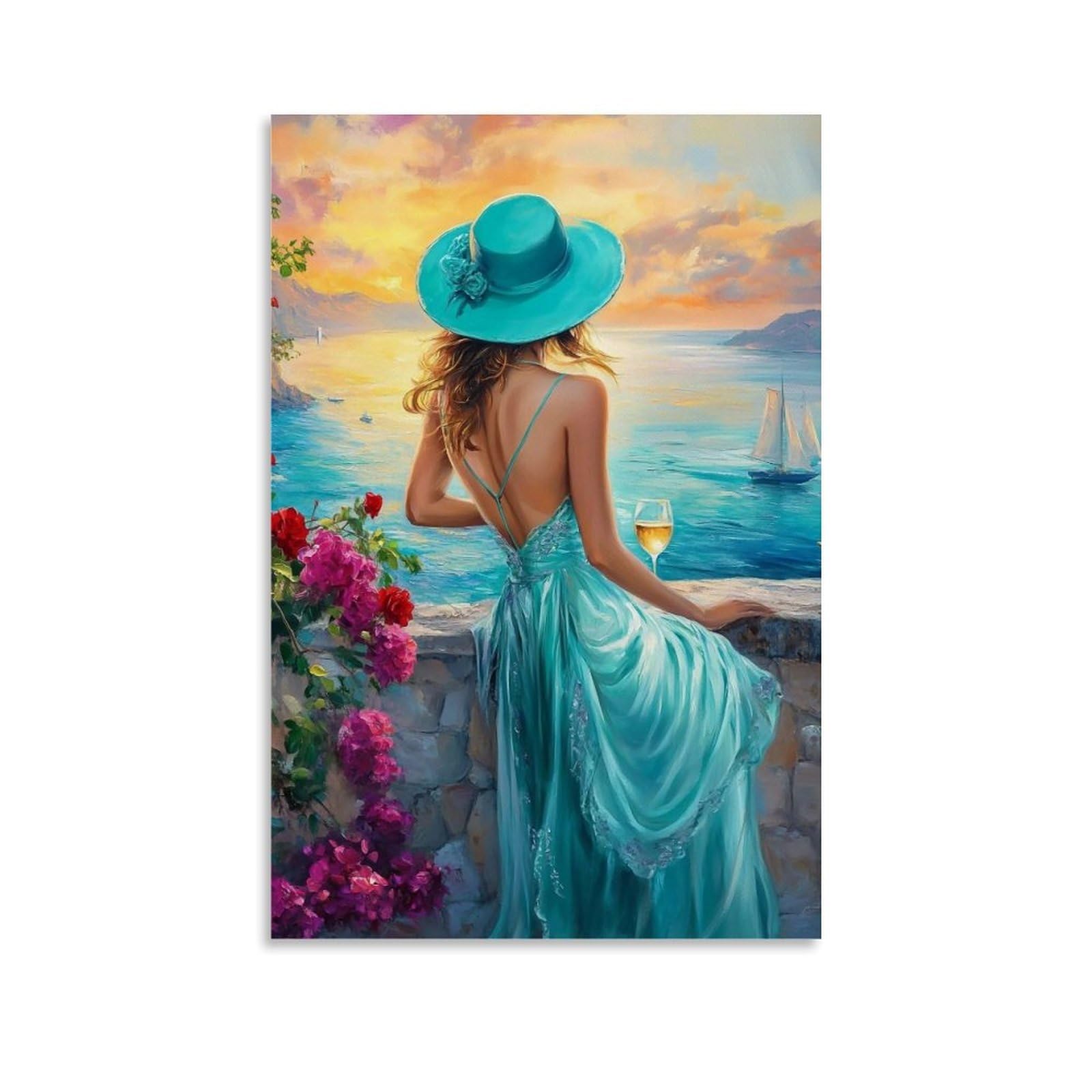 HUERYRYHY Sunset Wine on Mediterranean Terrace 01 Poster Wall Art Canvas Vintage Aesthetic Painting Decor for Rooms 16x24inch Unframe-style