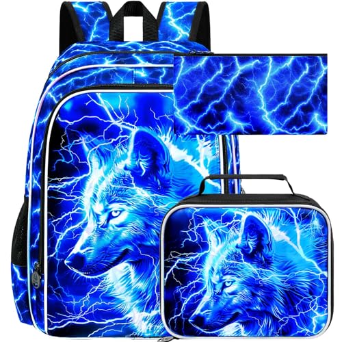 Image of 3Pcs Wolf Backpack for Boy, 17 inch Lightning Bookbag for Elementary Preschool Kindergarten, Kids School Backpacks with Lunch Box (Blue)