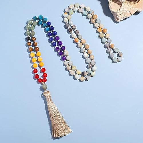 Miniatura 4 de Hovaete Juego de collar de 108 cuentas mala 7 chakras árbol de la vida piedras preciosas curativas reales yoga meditación anudadas a mano para