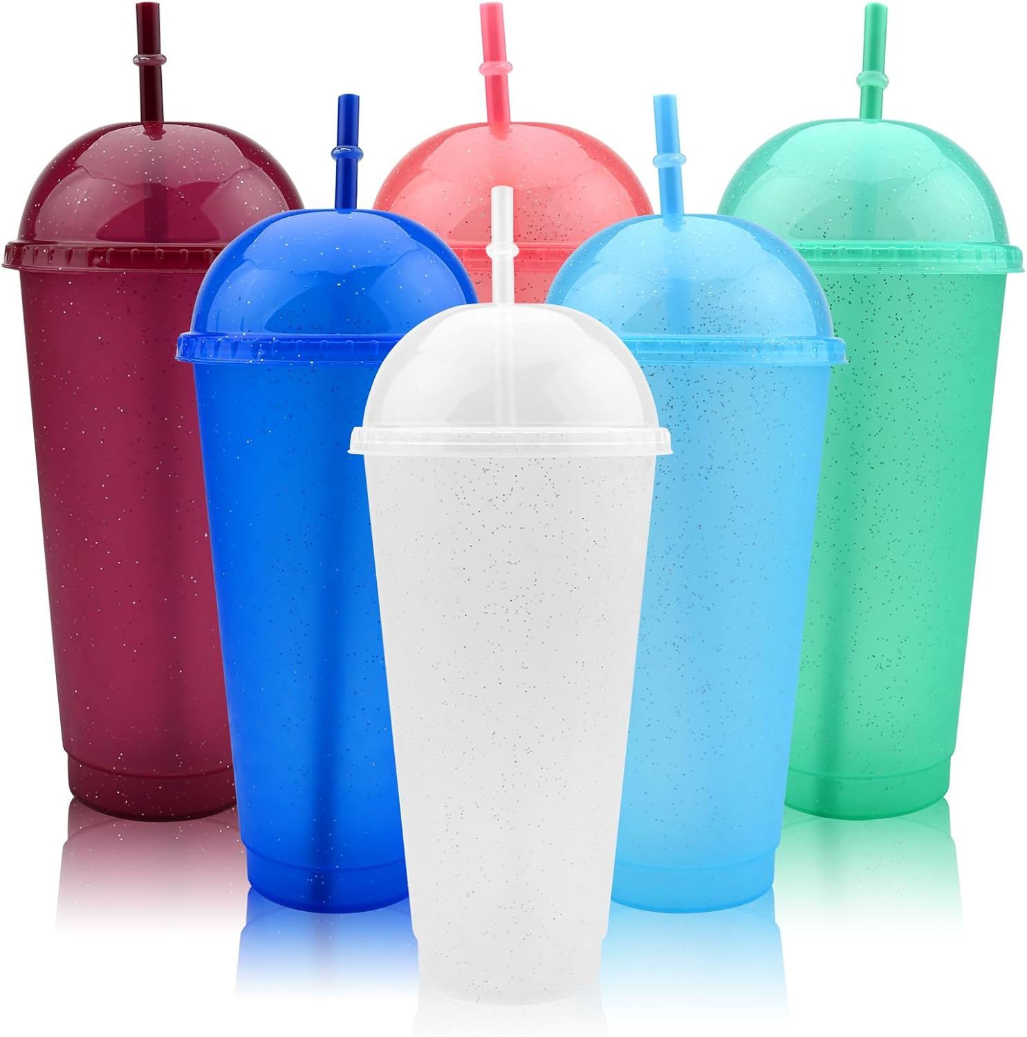 6 Pcs Plastic Smoothie Cups with Dome Lids Plastic Cups with Lids
