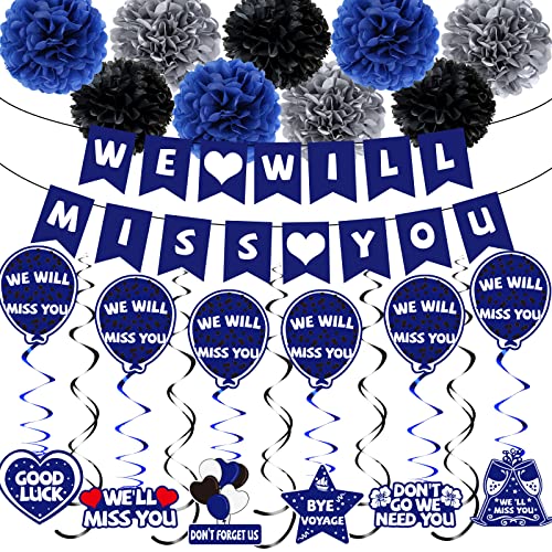 We Will Miss You Party Decorations Men Blue, Farewell Party Decorations Banner for Women (48pack) Going Away Gifts, Happy Retirement Party Decor Double-Sided Pattern Card, Hanging Swirls, Paper Poms