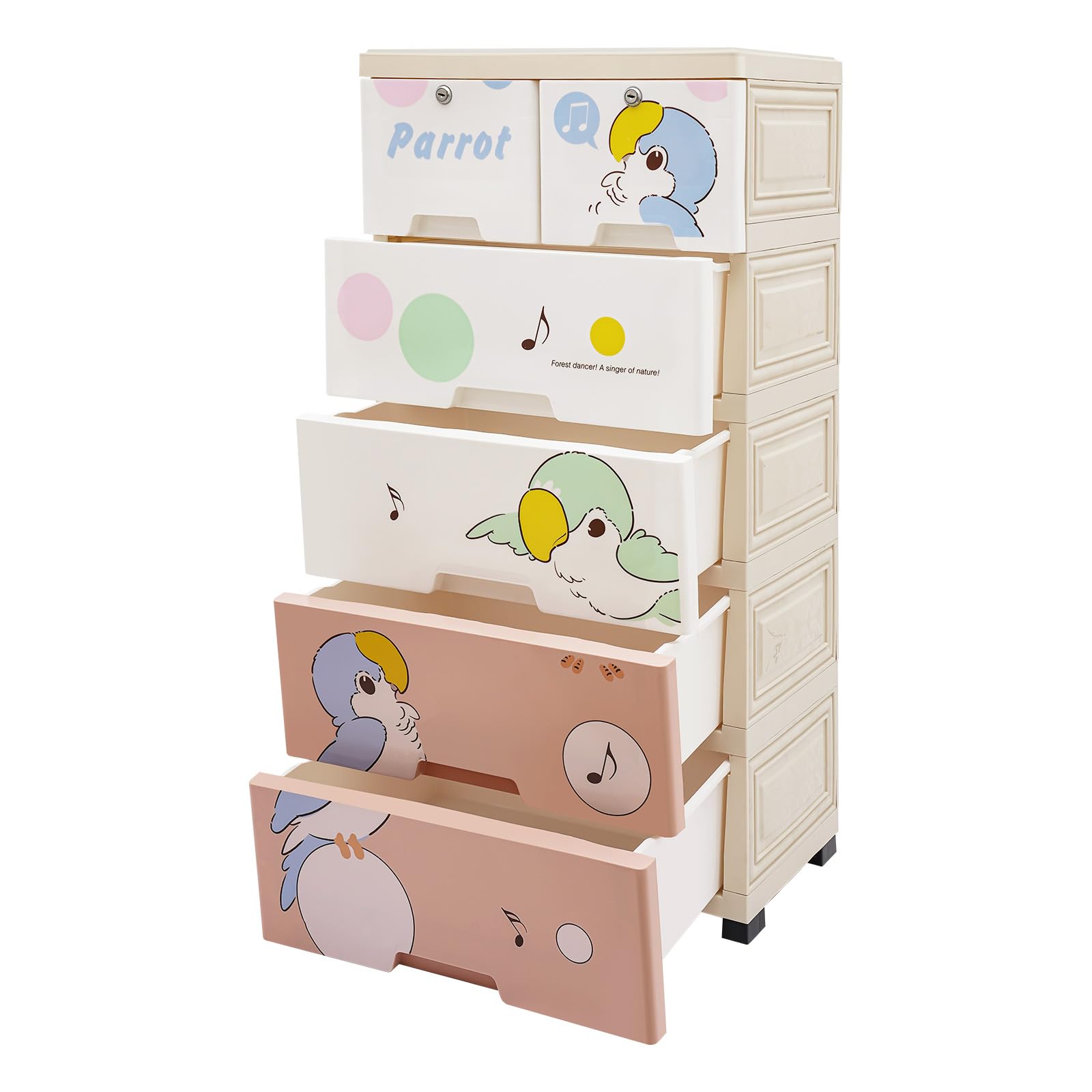 Giciashop Plastic Drawers Storage Dresser 6 Drawer Storage Cabinet Storage Bins Removable Wheels Kids Nightstand with Parrot Pattern for Clothes,Toys,
