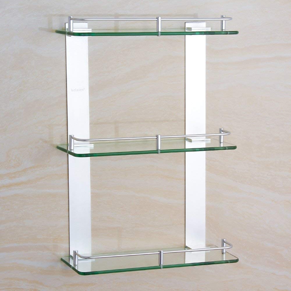 YHdtUO Shower Caddy Space Aluminum Three Glass Shelf Bathroom Bathroom Bathroom Square Storage Rack Bathroom Platform Stand