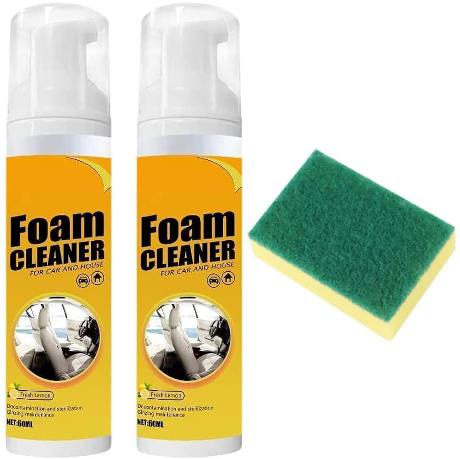 Multipurpose Foam Cleaner, 2PCS Foam Cleaner for Car and House Lemon Flavor, Car Seat Upholstery Strong Stain Remover, Cleaning Spray for Car, Home, Kitchen (2 X 60ml)
