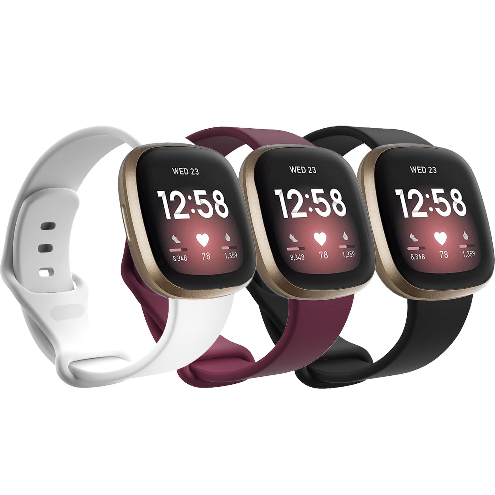 Garmcool 3 Pack Straps Compatible for Fitbit versa 4/3, Sense 2 / Sense Strap, Adjustable Replacement Silicone Sport Bands for Women Men/Black, White, Burgundy, S