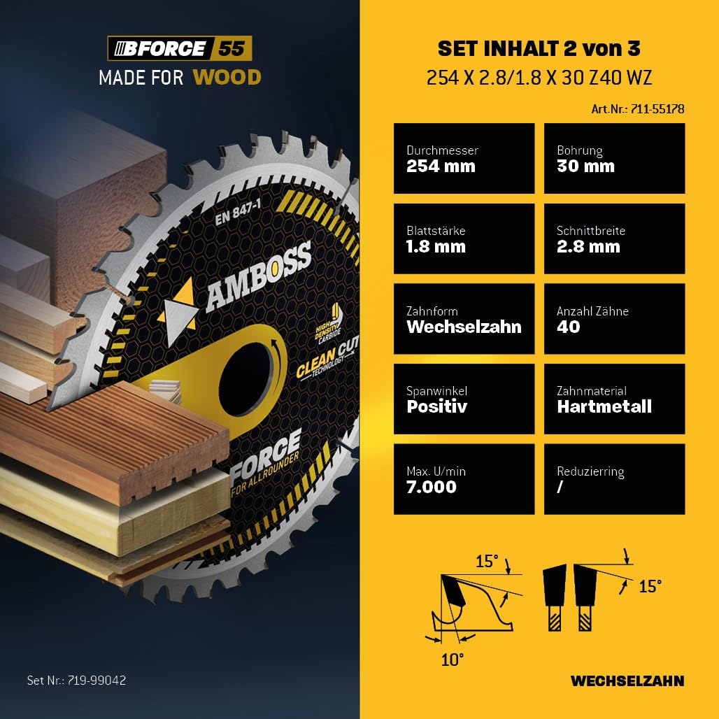Ø254 x 30 Tisch- Kreissägeblatt Set passend für Bosch GTS 10, PTS 10, PTS 100 T, Festool TKS80, Scheppach HS105, Metabo TK250, TS254 - AMBOSS WERKZEUGE® 254x30 Sägeblatt Sortiment