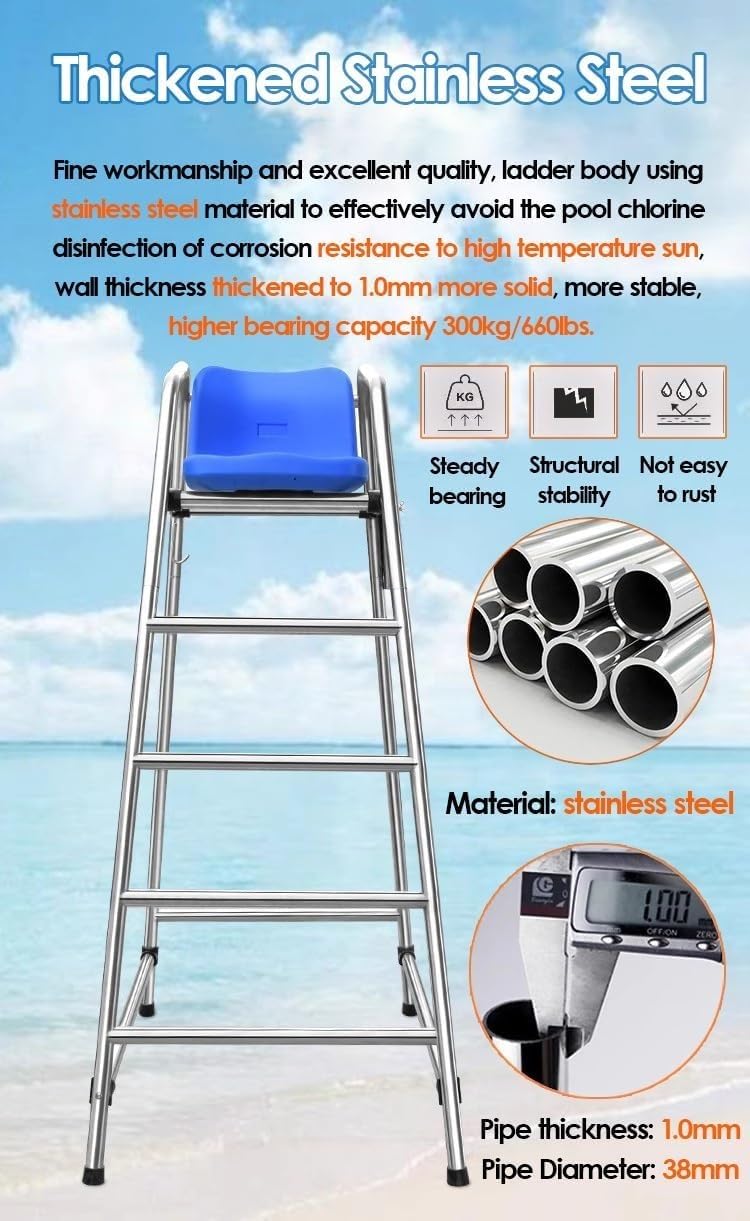 Scaletta per piscina, altezza 180 cm, in acciaio inox, sgabello alto per casa, piscine, patio, spiaggia, lago, resistente capacità di carico 330 kg, sedia salvagente per esterni