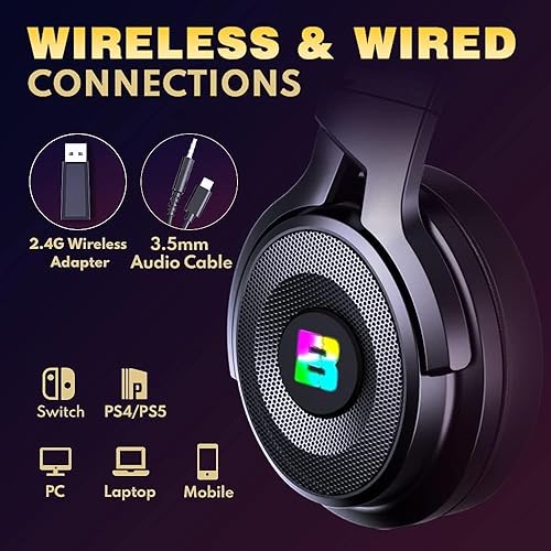 Miniatura 7 de BENGOO Auriculares inalámbricos para juegos para PS5, PS4, PC, Mac, auriculares USB sobre la oreja con micrófono de cancelación de ruido, sonido