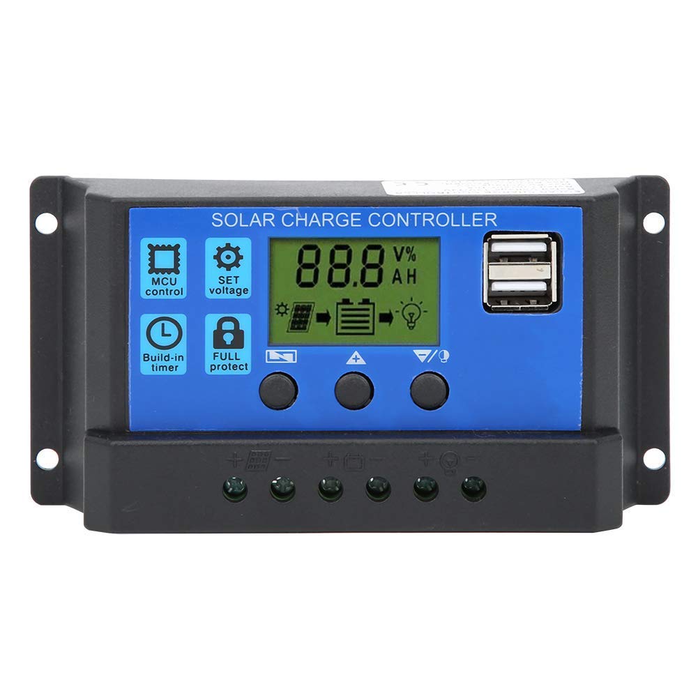 Regolatore di Carica Solare Controller Pannello Solare Display LCD Controllo Carica Batteria Doppia Uscita USB 12V/24V 30A con Protezione del Circuito per Famiglia Industria Affari