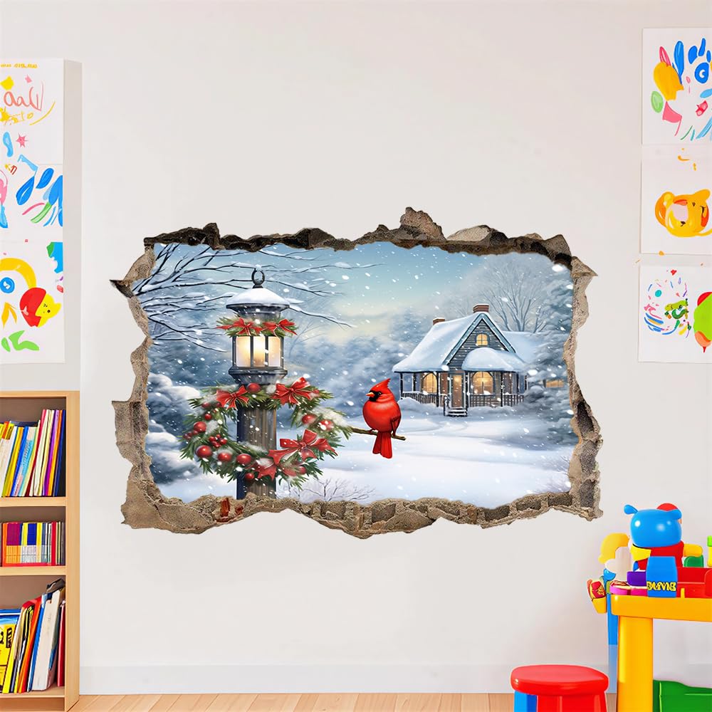 3D Durchbruch Wandtattoo Mädchen Kinderzimmer Vogelhaus Im Schnee Wandaufkleber Dekorative Winterlandschaft Wandsticker für Junge Teenager Zimmer Wohnzimmer Schlafzimmer Wandbilder Deko