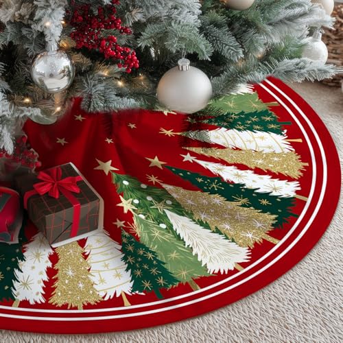 CROWNED BEAUTY Christmas Tree Skirt 36 Inch Xmas Pine Trees Soft Holiday Decoration (Red & Green) TS31-36