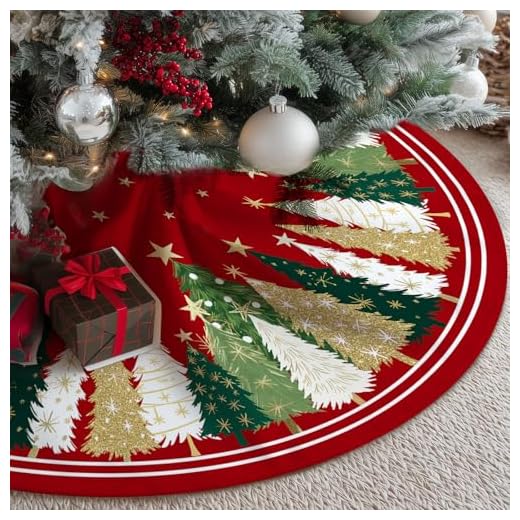 CROWNED BEAUTY Christmas Tree Skirt Collar 48 Inch Xmas Pine Trees Soft Farmhouse Holiday Decoration (Red & Green)