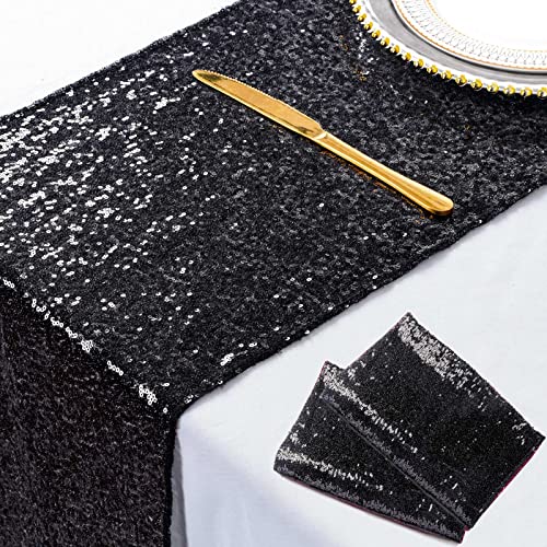 Shinybeauty Black Table Runners Pack Of 2 Sequin Table Runners 12X108-Inch Black Glitter Halloween Party Table Runner Sequin Table Runner Black 108 Inches Long Wedding Table Runner For Reception #TOP16