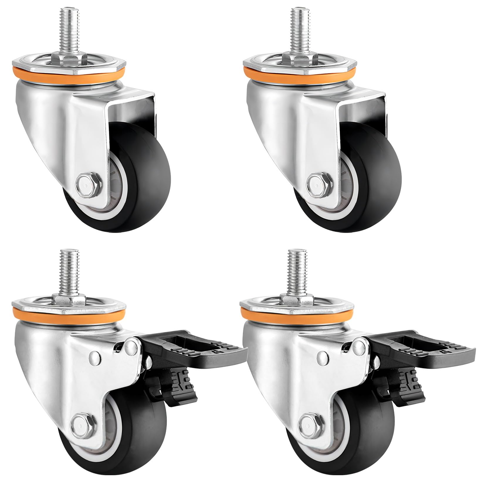 GYEQXKT Set of 4 Swivel Caster Wheels 63mm 75mm 100mm 125mm Threaded Bolt M10 M12 Smooth Silent TPR Rubber 360° Rotation with Brake Perfect for Furniture & Trolleys
