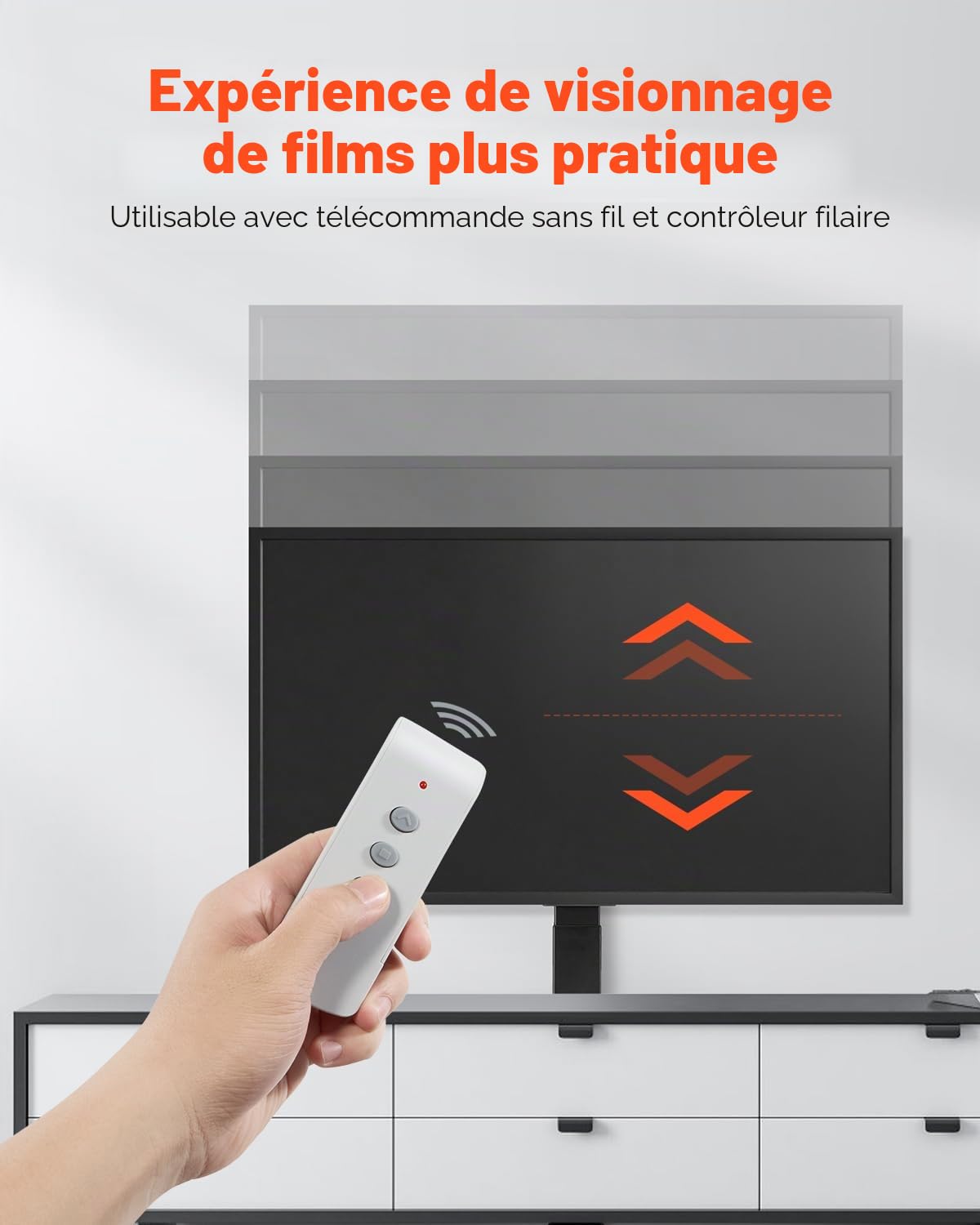VEVOR Support TV Motorisé Réglable, Fixation TV Charge de 60 kg, Accroche Téléviseur Max. VESA 400x400 mm, pour Écran 32-55 po/81,3-140 cm (Pas dans l'Armoire) ou 32-50 po/81,3-127 cm (dans l'Armoire)