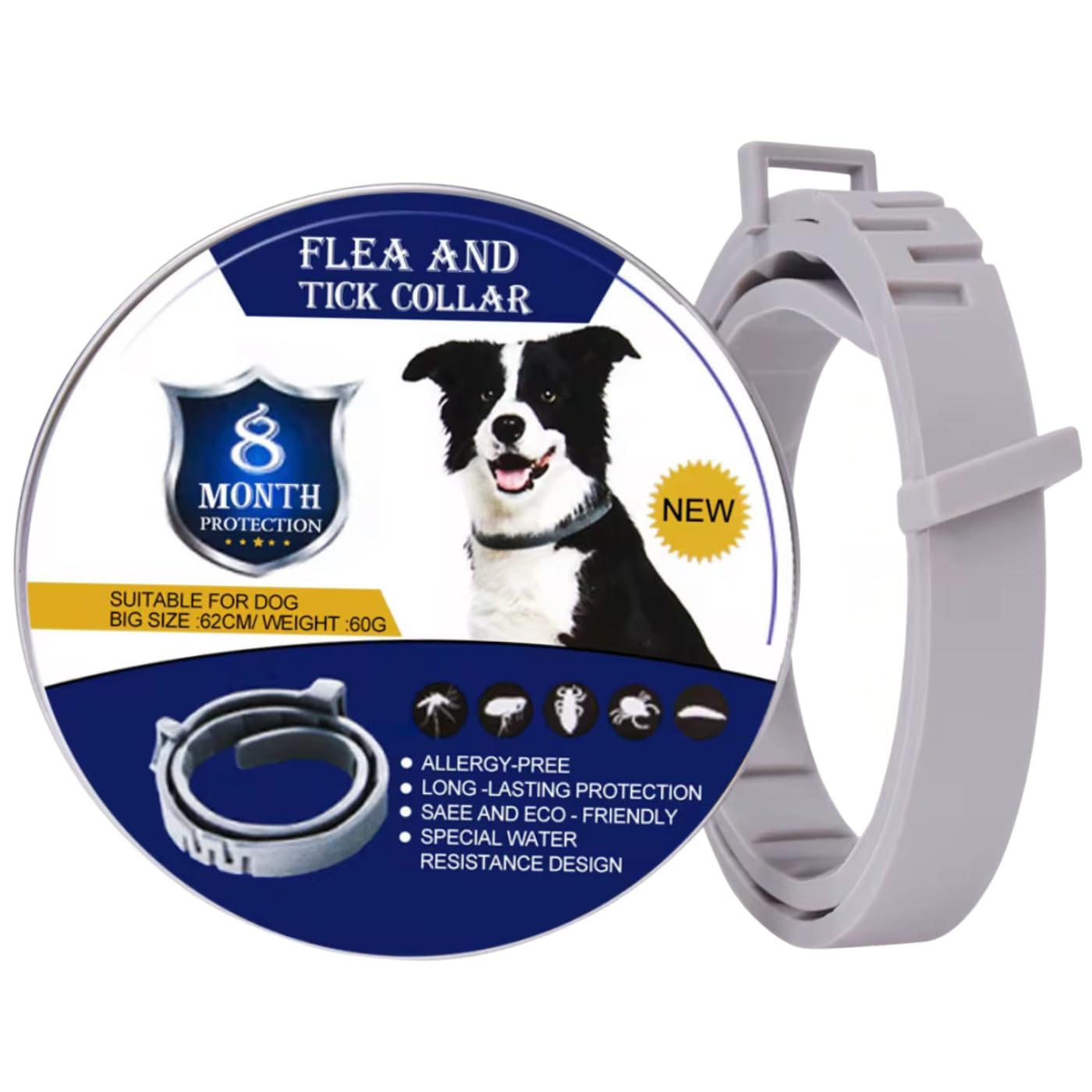 Collar Antiparasitario Perros, Eficaz y Seguro, 8 Meses de Proteccion - 62 cm para Perros Pequeños, Medianos y Grandes, Collar Antipulgas Perros, Collares Antiparasitarios para Perros