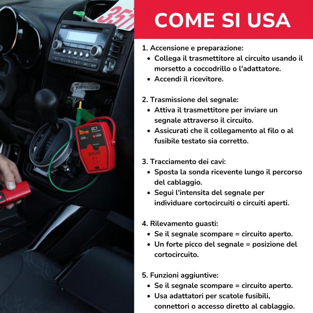 Power Probe ECT3000B Tracciacircuiti Elettronico — Localizzatore di Cortocircuiti & Circuiti Aperti, Trasmettitore & Ricevitore 12-24V per Diagnosi Cablaggio Auto